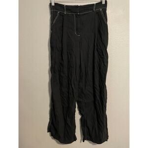 Jonathan Simkhai Pants Womens 12 Black Linen Blend Contrast Stitch Wide Leg